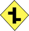 Staggered Junction Ahead with First Side Road to Right road sign
